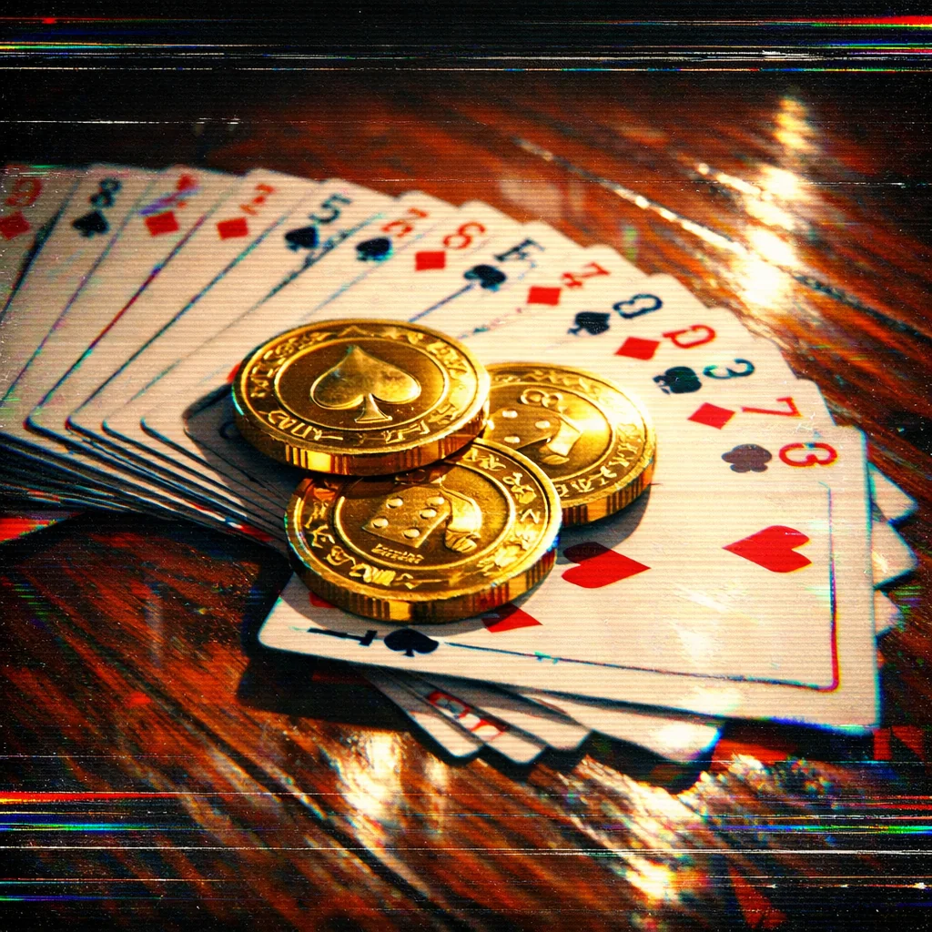 Gouden munten vallen in VHS retro casino scene