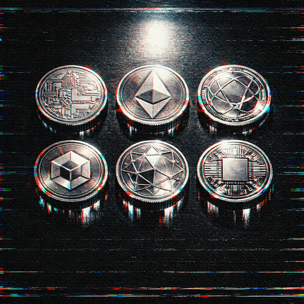 Retro crypto munten met geometrische chromatische aberratie